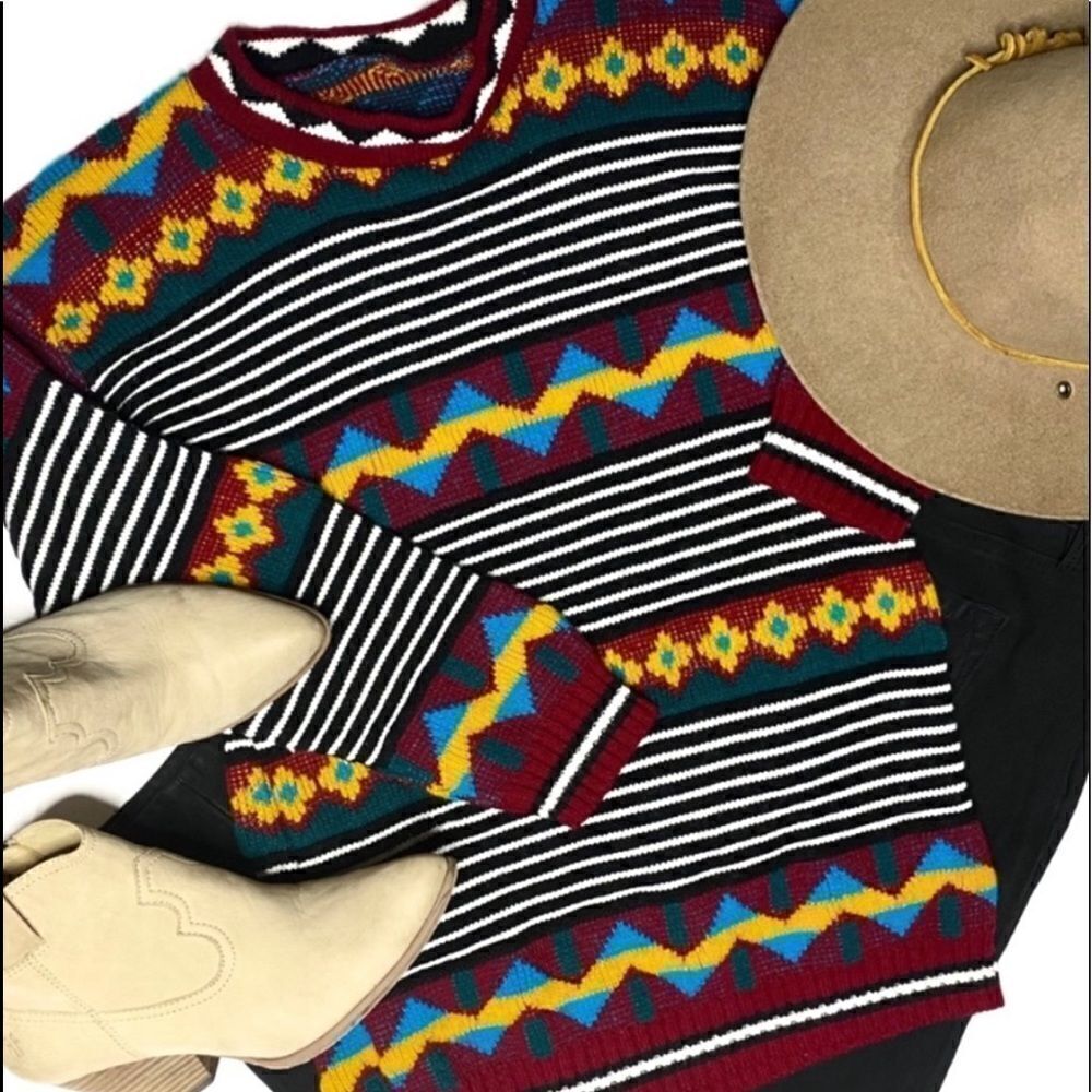 One of a Kind Vintage Handmade Multicolor Rainbow Geometric Pullover Sweater